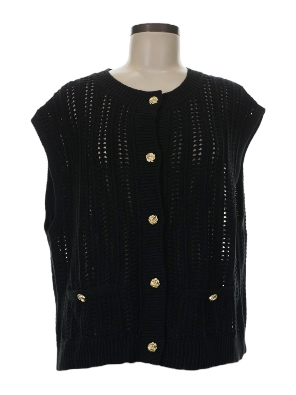 Anthropologie Pointelle Knit Sweater Vest Black Gold Buttons Pockets NWT Size M